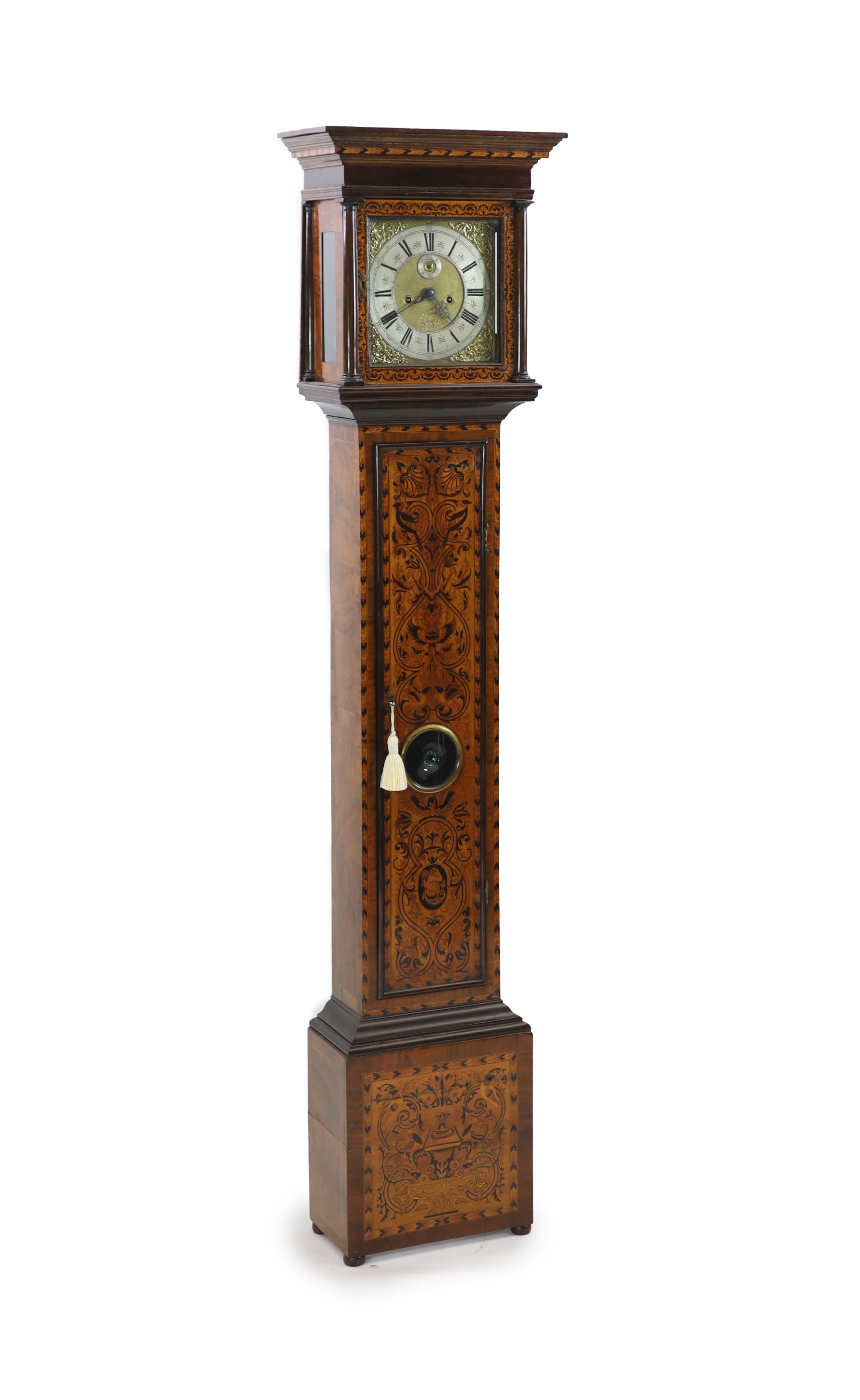 James Desenne of Shoreditch. A late 17th century marquetry inlaid walnut eight day longcase clock H 217cm. W 49cm.